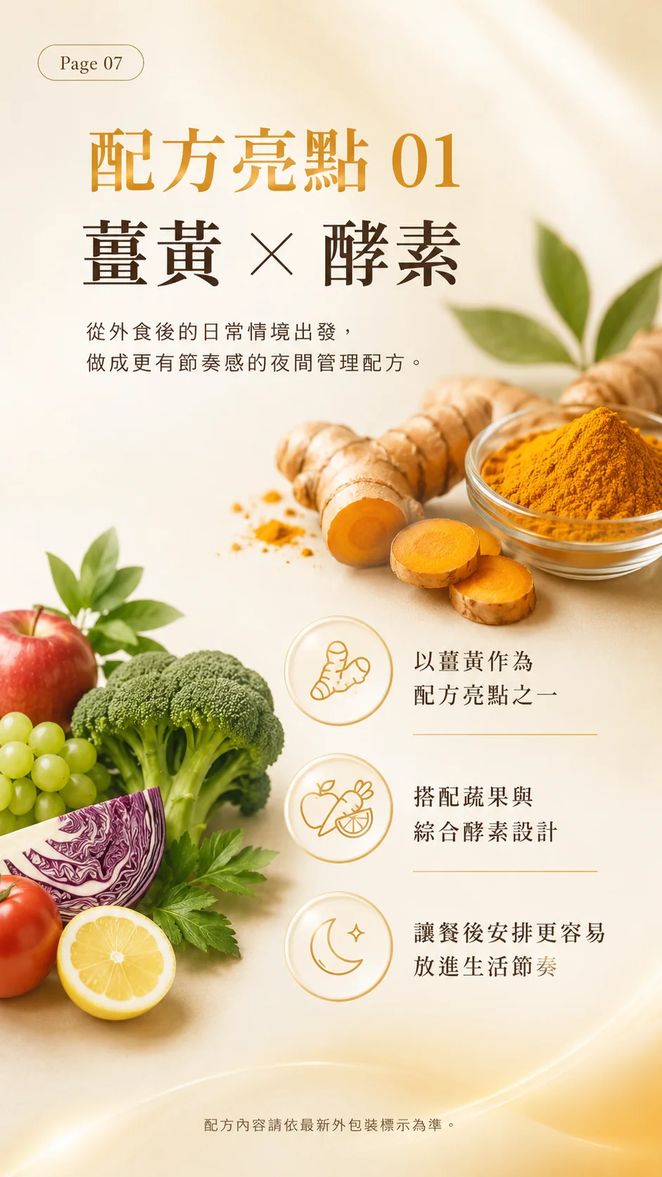 成分方向：薑黃相關成分、80 種蔬果酵素、GABA、LeptiCore、胺基酸配方；規格與警語